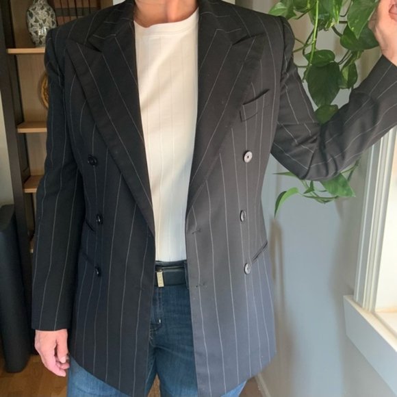 Polo Ralph Lauren Black Pinstripe Double Breasted Blazer Made in Italy